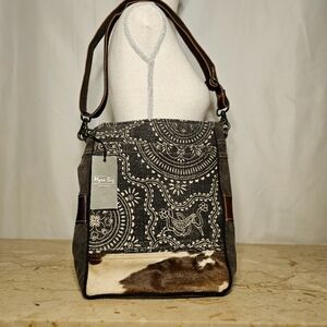 NWT Myra Tribal Gray Denim & Brown Hairon Leather Western Boho Shoulder Bag